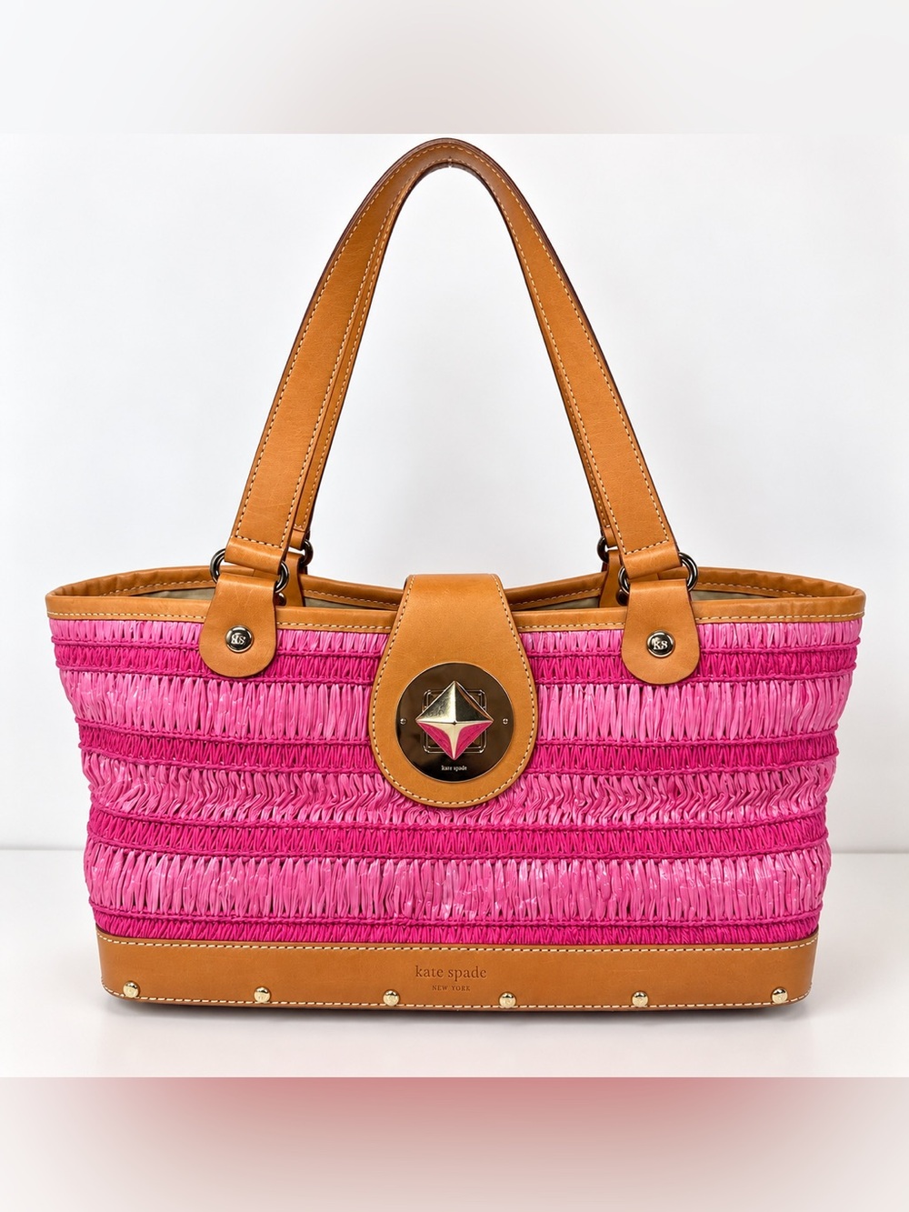kate spade Pink Raffia and Tan Leather Tote bucket with wooden bottom novelty
